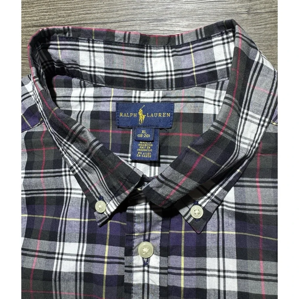 Ralph Lauren Boys XL 18-20 Plaid Button Down Shirt Gray 100% Cotton